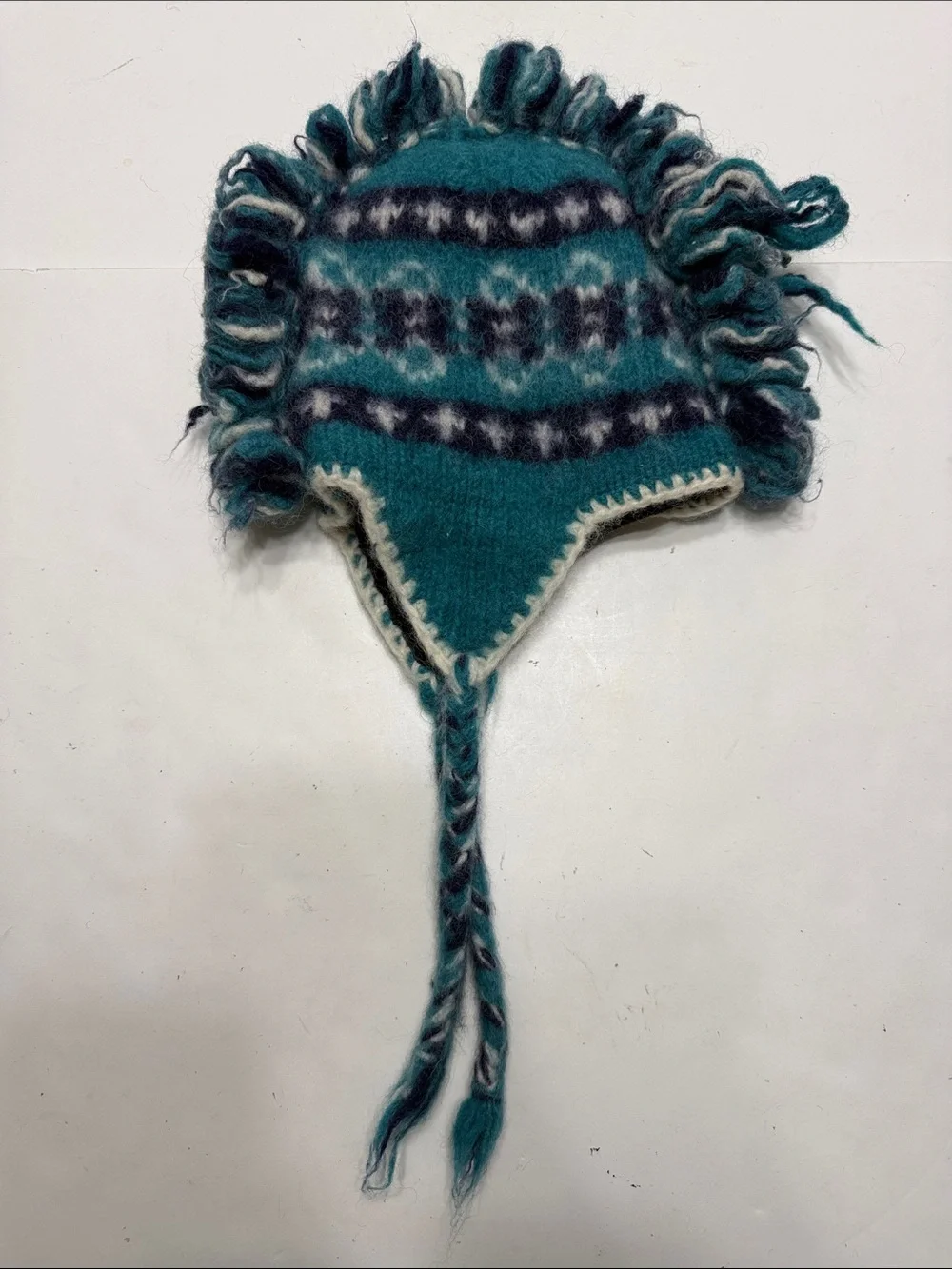 Teal Knit Earflap Hat for Kids with Fringe and Braided Ties